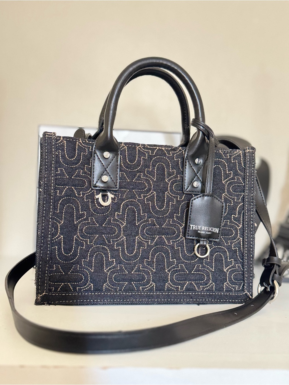True Religion Black Denim Satchel with Leather Trim and Logo Stitching - Picture 11 of 11
